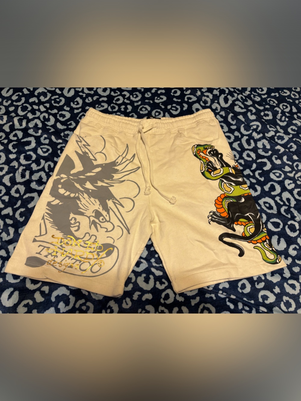 Ed Hardy Beige Swim Trunks with Colorful Snake and Black Graphic